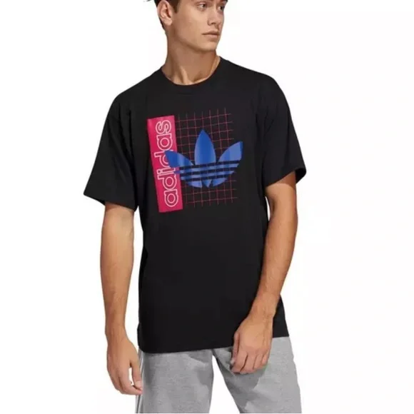 Adidas Men's Grid Trefoil "Black/Shock Pink/Team Royal Blue" Tee Sz Medium - Picture 1 of 5